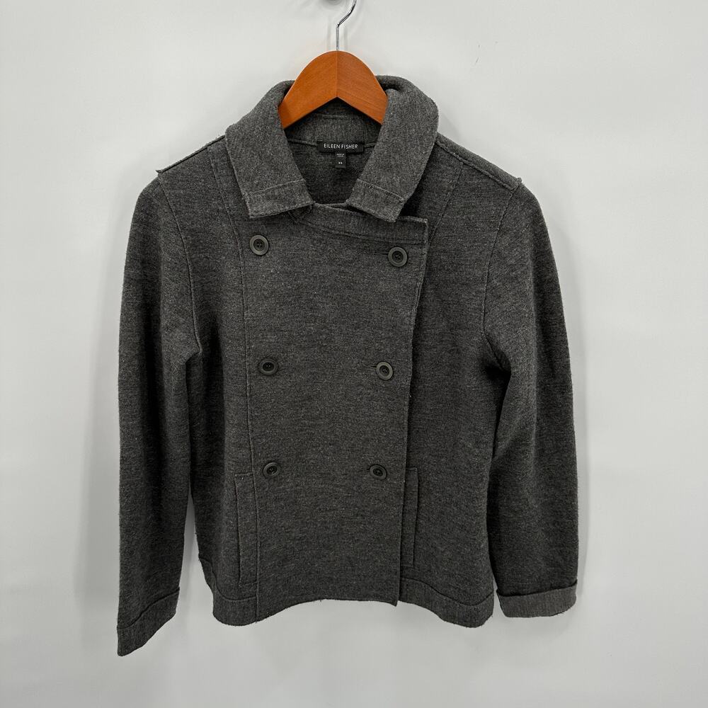 EILEEN FISHER Merino Wool Charcoal Gray  Button Collared Blazer Jacket // XS